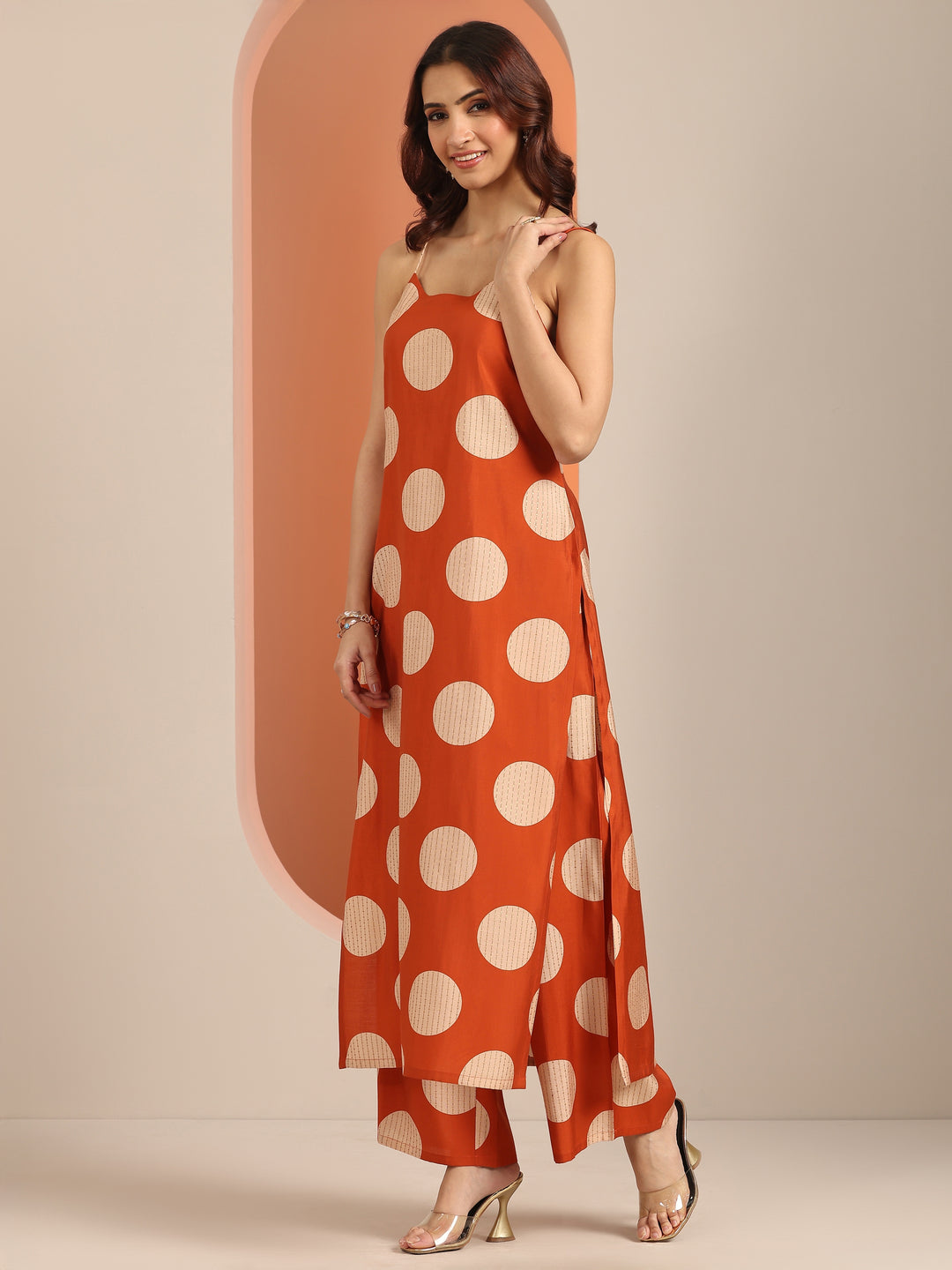  Rust Printed Silk Blend Straight Kurta Set 