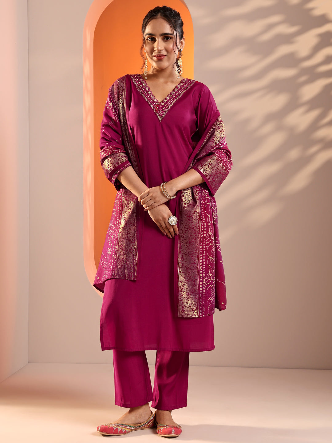  Pink Embroidered Silk Blend Straight Suit Set With Dupatta 