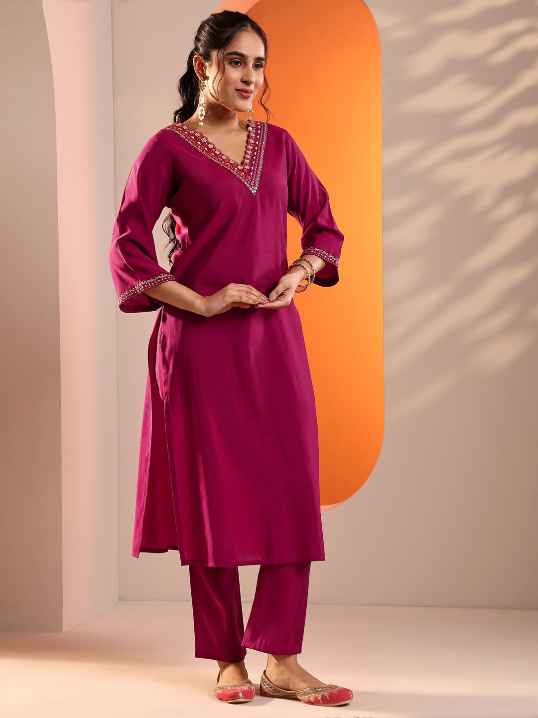  Pink Embroidered Silk Blend Straight Suit Set With Dupatta 