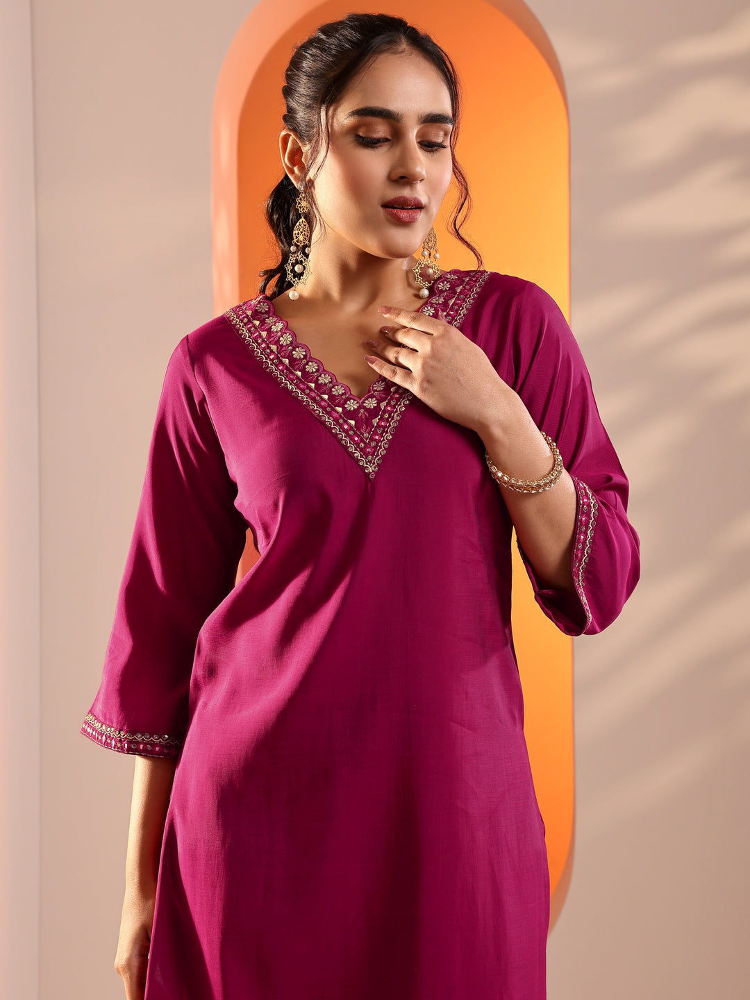  Pink Embroidered Silk Blend Straight Suit Set With Dupatta 