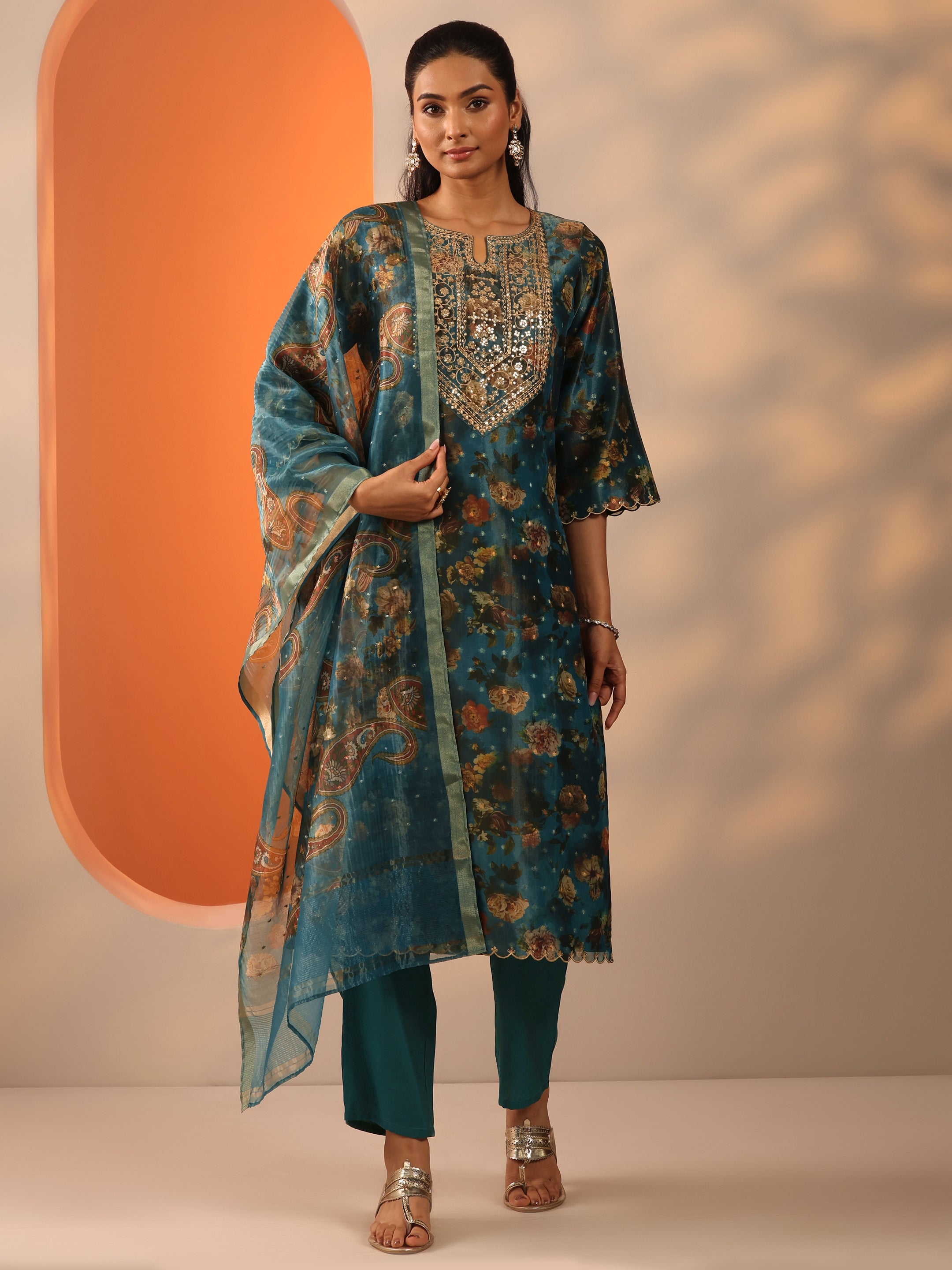 Teal Printed Silk Blend Straight Suit Set With Dupatta-image-22