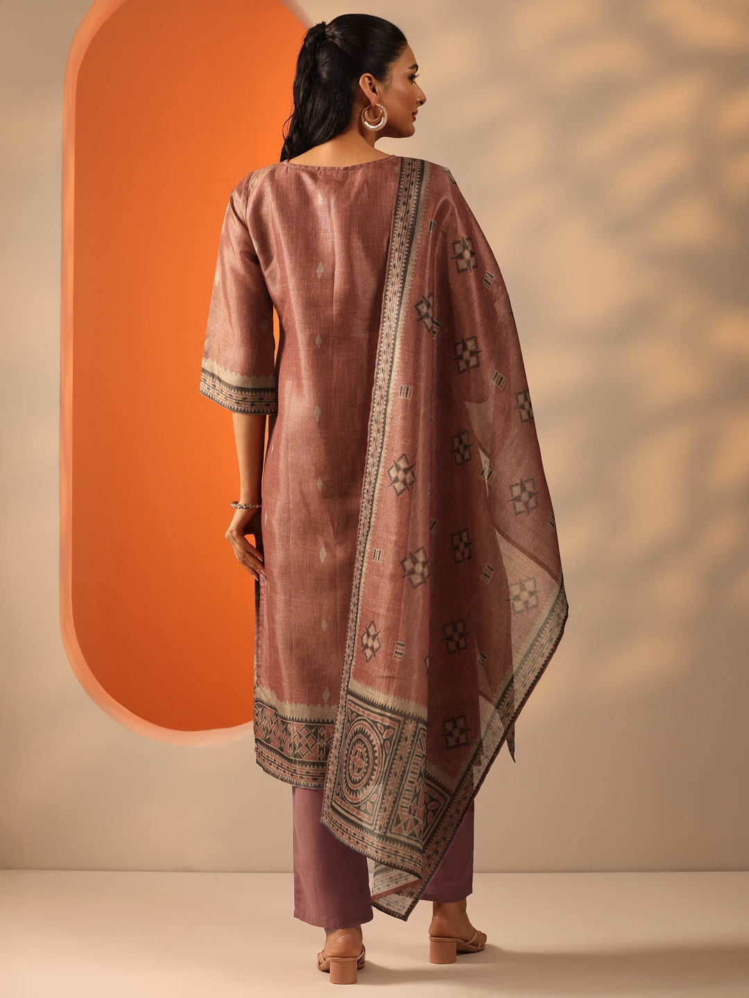  Rust Printed Silk blend Straight Suit Set With Dupatta 