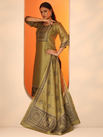 Olive Yoke Design Silk Blend Straight Suit Set With Dupatta