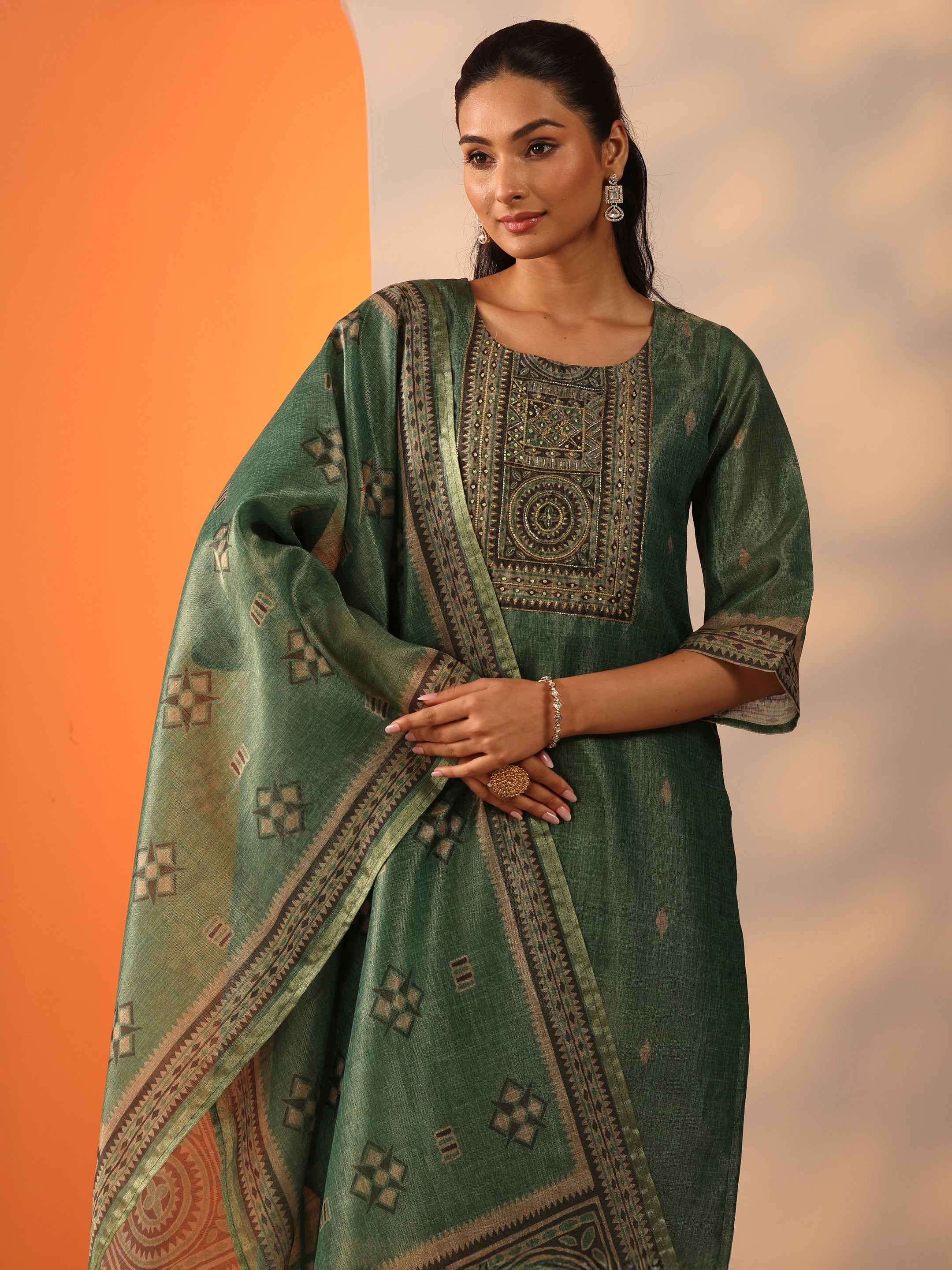 libas Green Printed Silk Blend Straight Suit Set With Dupatta-picture-28