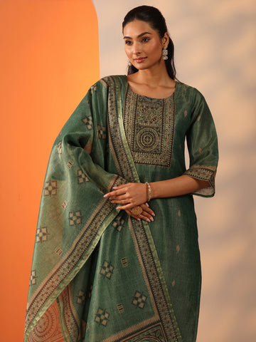 Green Printed Silk Blend Straight Suit Set With Dupatta