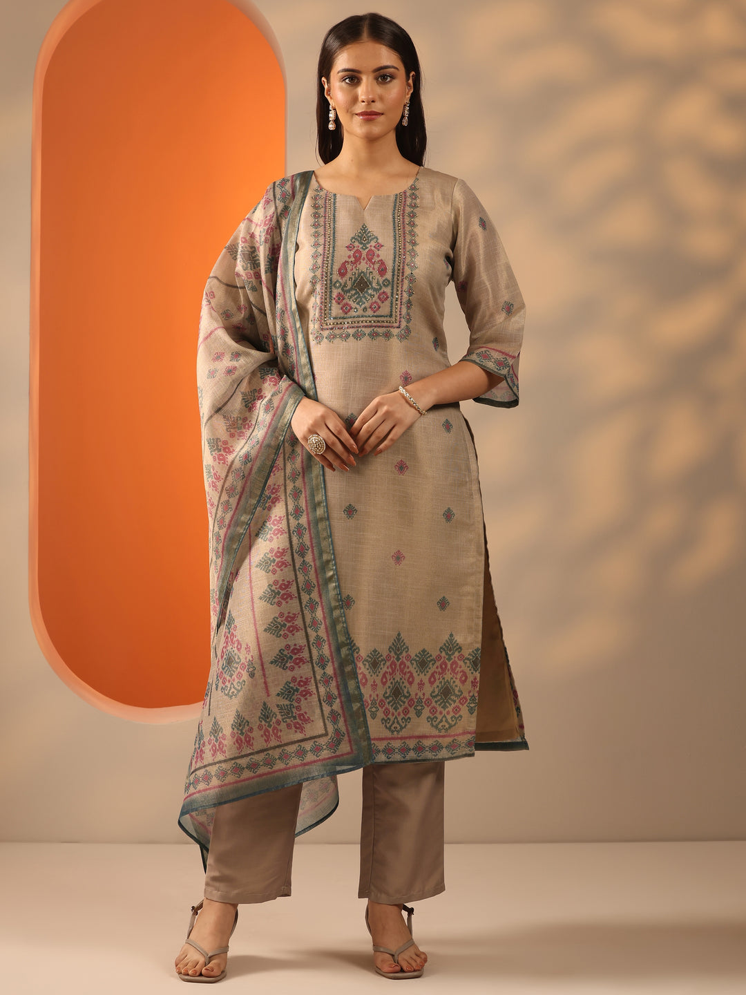  Beige Embroidered Silk Blend Straight Suit Set With Dupatta 
