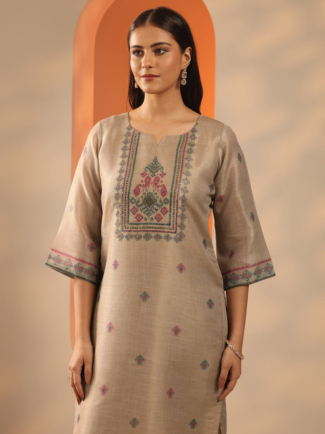  Beige Embroidered Silk Blend Straight Suit Set With Dupatta 