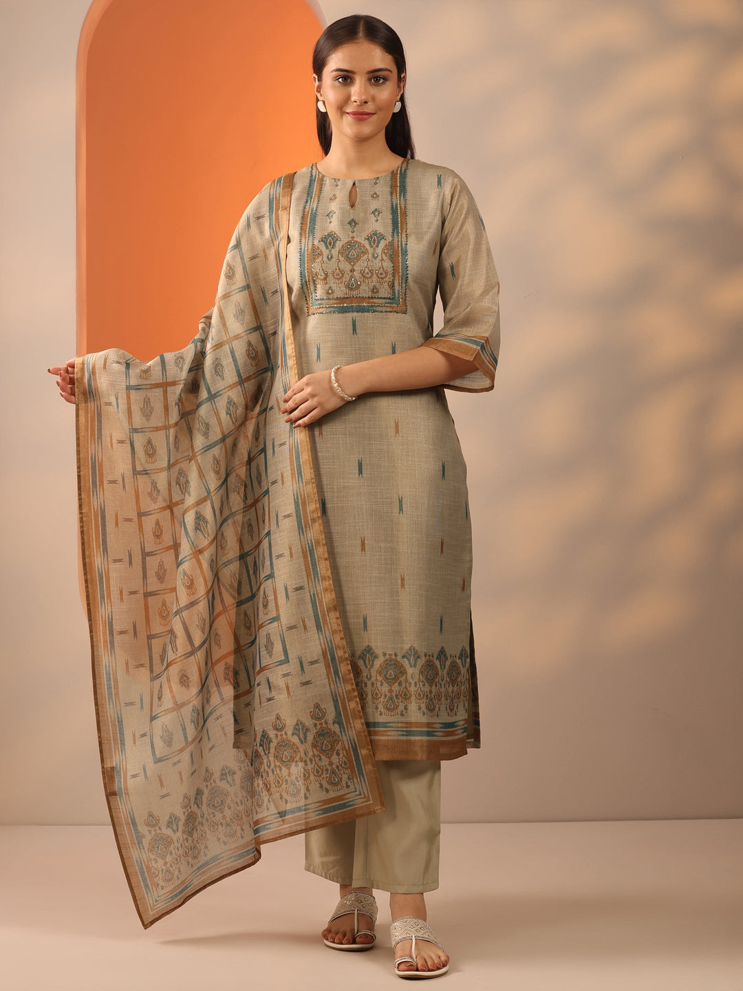  Beige Printed Silk blend Straight Suit Set With Dupatta 