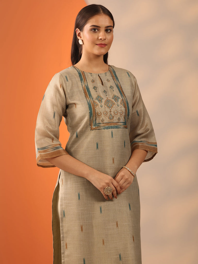 Libas Beige Printed Silk blend Straight Suit Set With Dupatta
