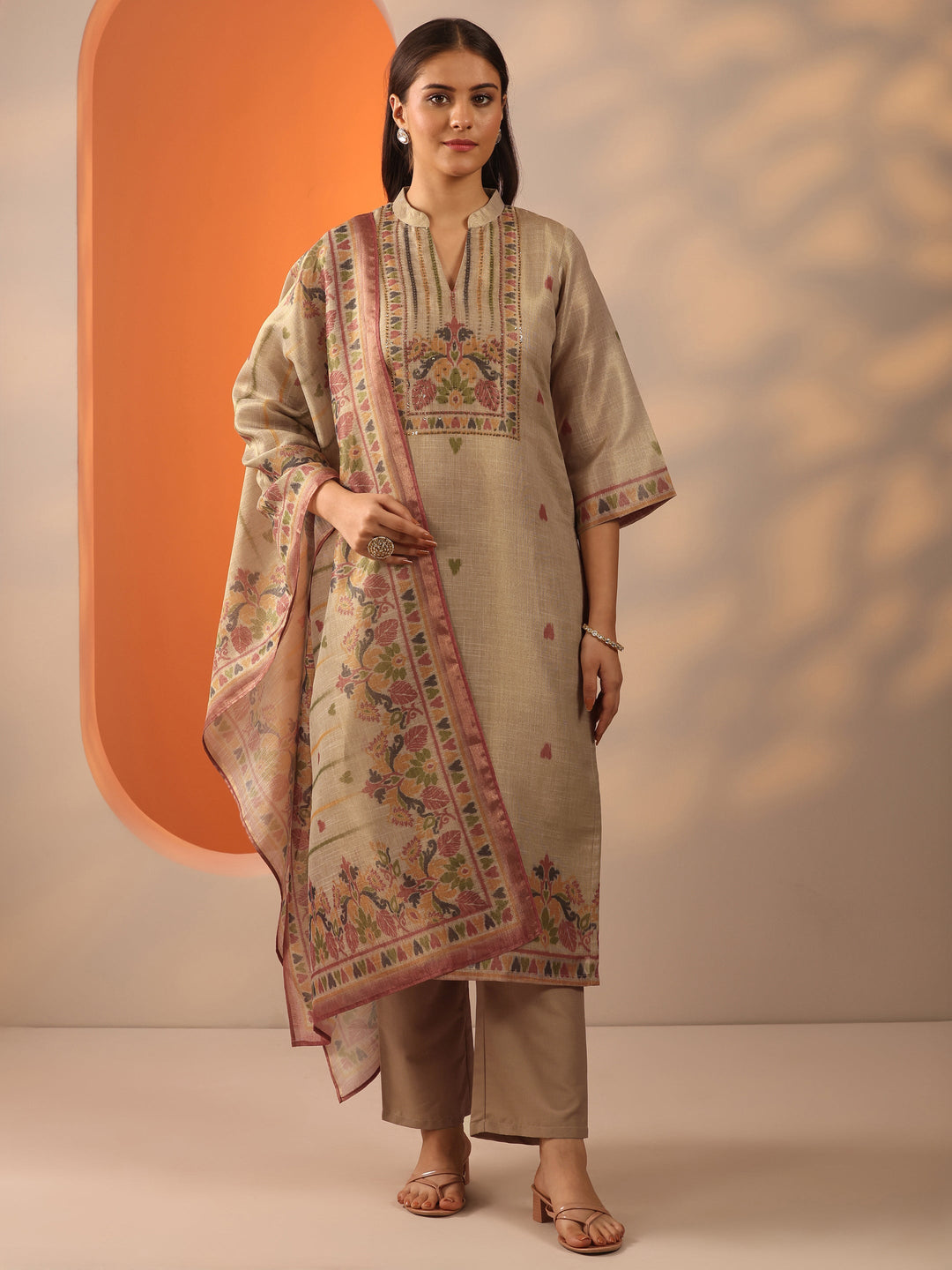  Beige Printed Silk blend Straight Suit Set With Dupatta 