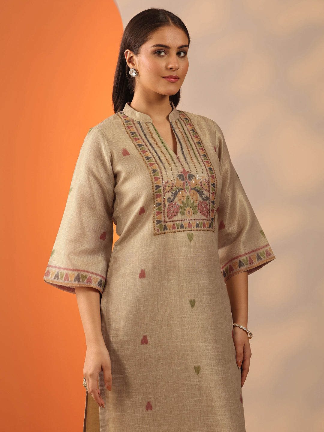  Beige Printed Silk blend Straight Suit Set With Dupatta 