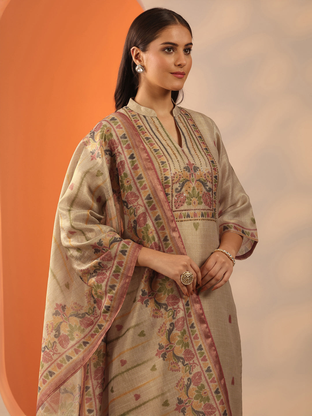  Beige Printed Silk blend Straight Suit Set With Dupatta 