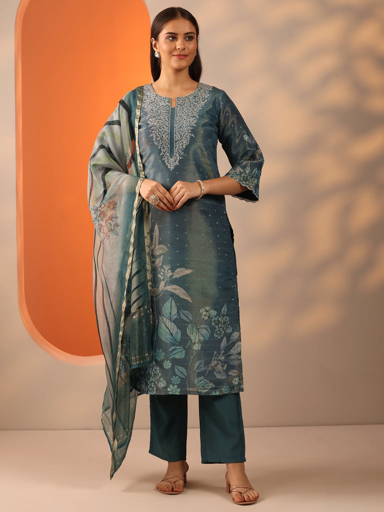 Libas Blue Printed Silk Blend Straight Suit Set With Dupatta