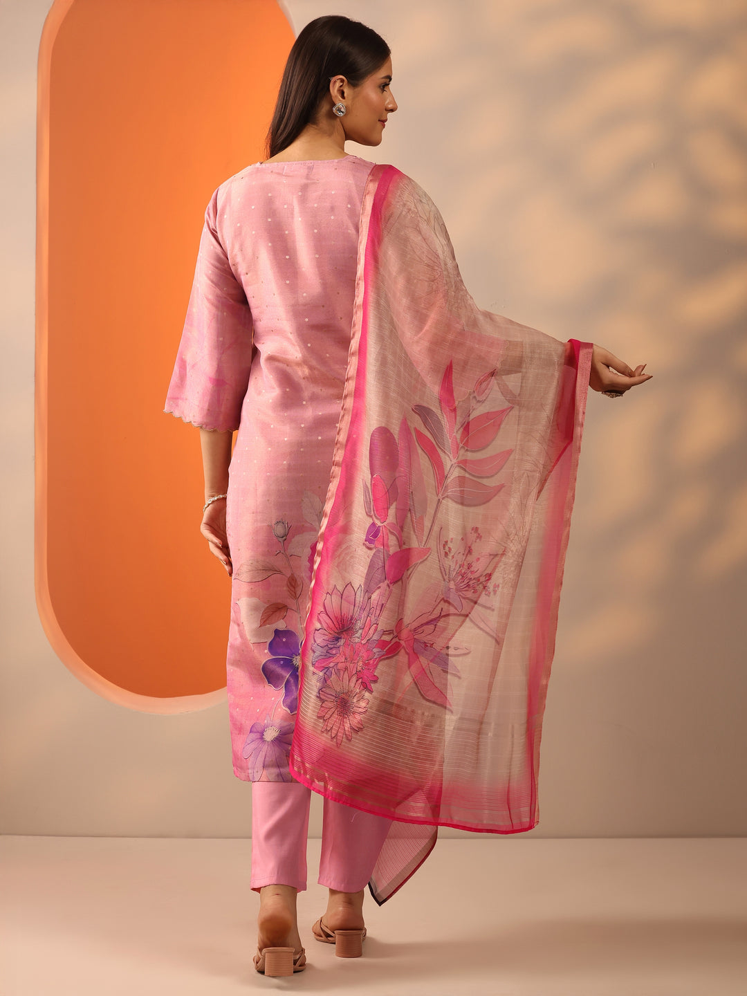  Pink Printed Silk Blend Straight Suit Set With Dupatta 