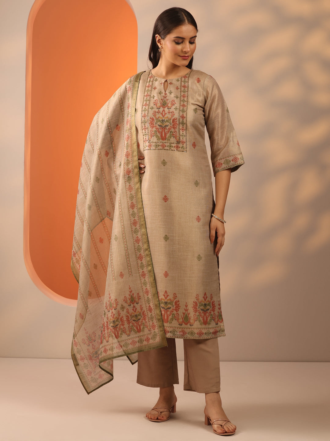  Beige Woven Design Silk blend Straight Suit Set With Dupatta 