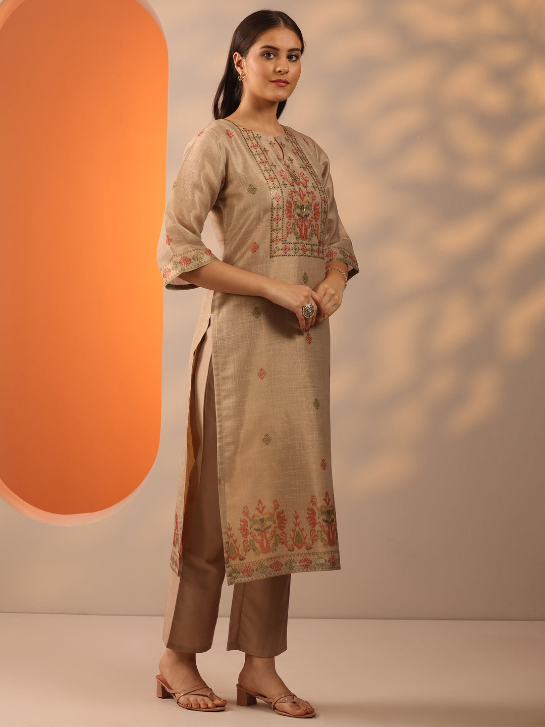  Beige Woven Design Silk blend Straight Suit Set With Dupatta 