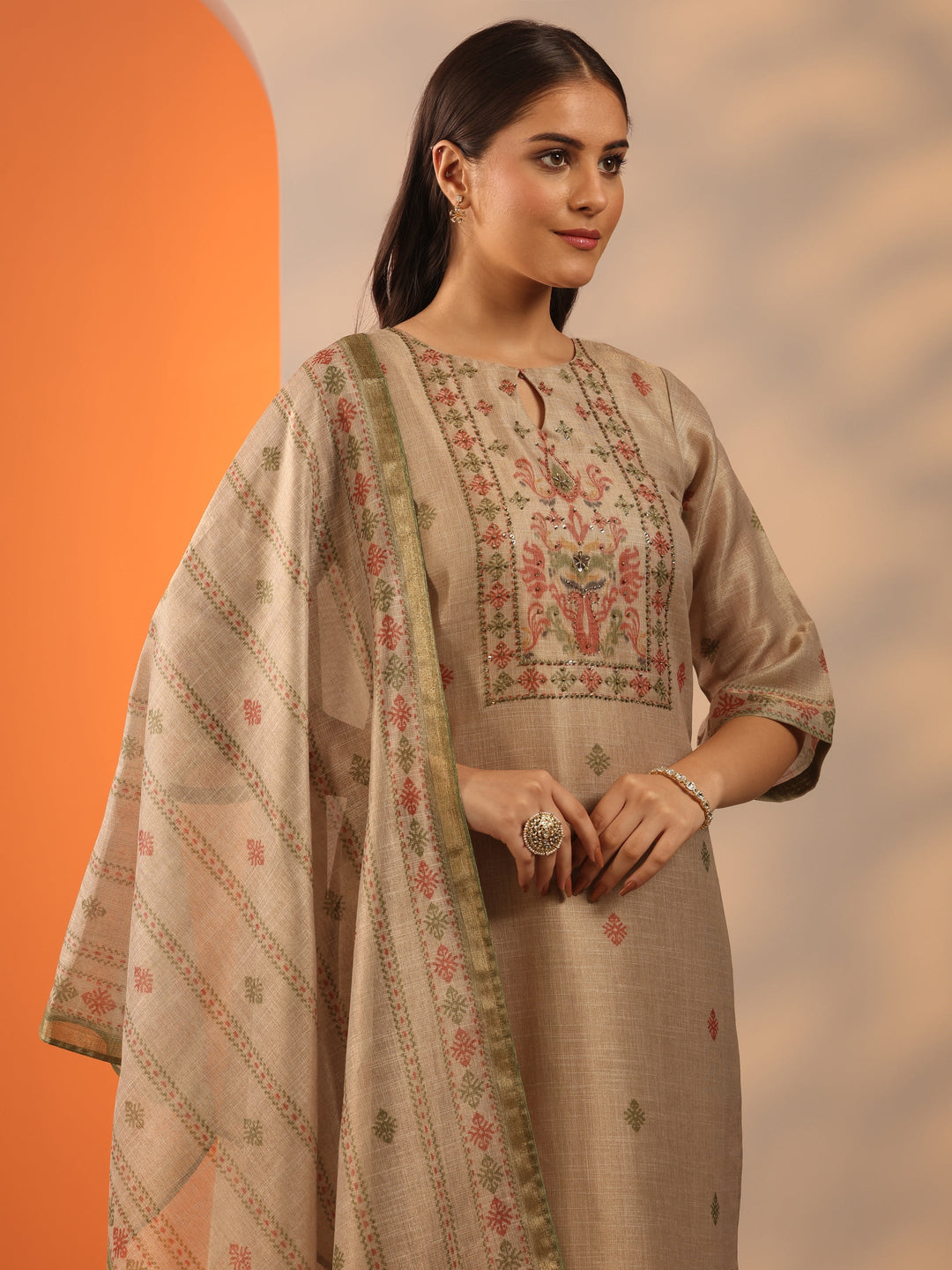  Beige Woven Design Silk blend Straight Suit Set With Dupatta 
