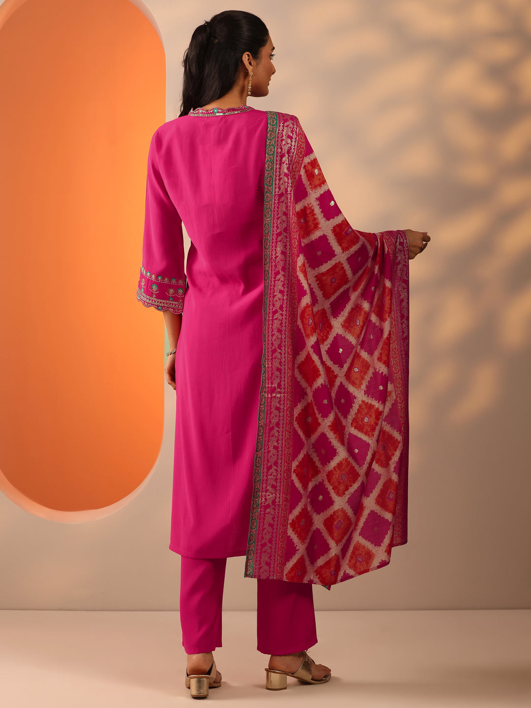  Pink Embellished Silk Blend Straight Suit Set With Dupatta 