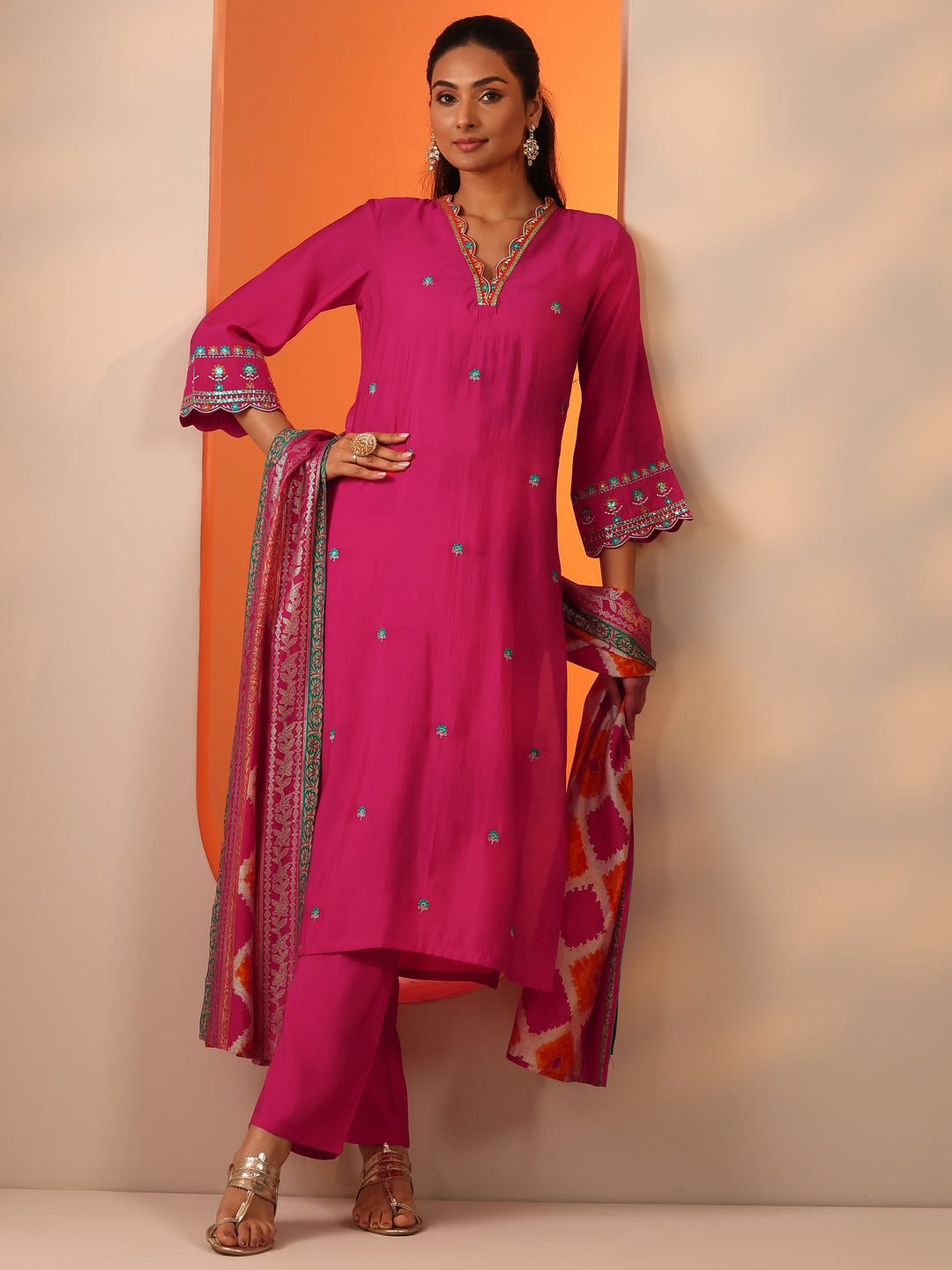  Pink Embellished Silk Blend Straight Suit Set With Dupatta 