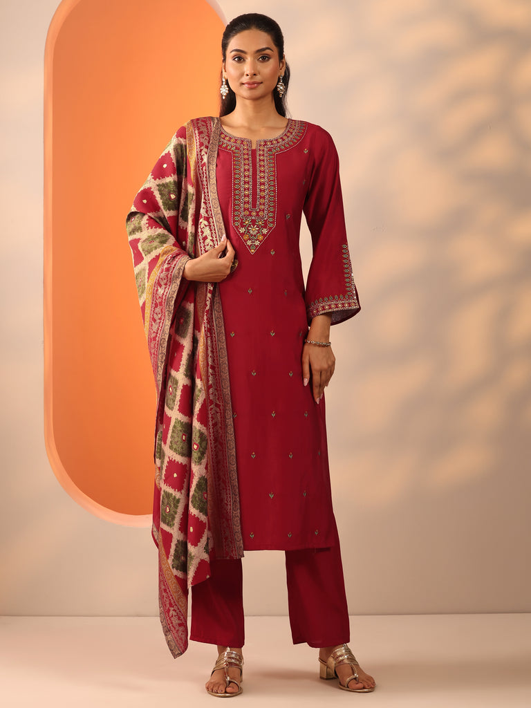 Libas Red Embroidered Rayon Straight Suit Set With Dupatta