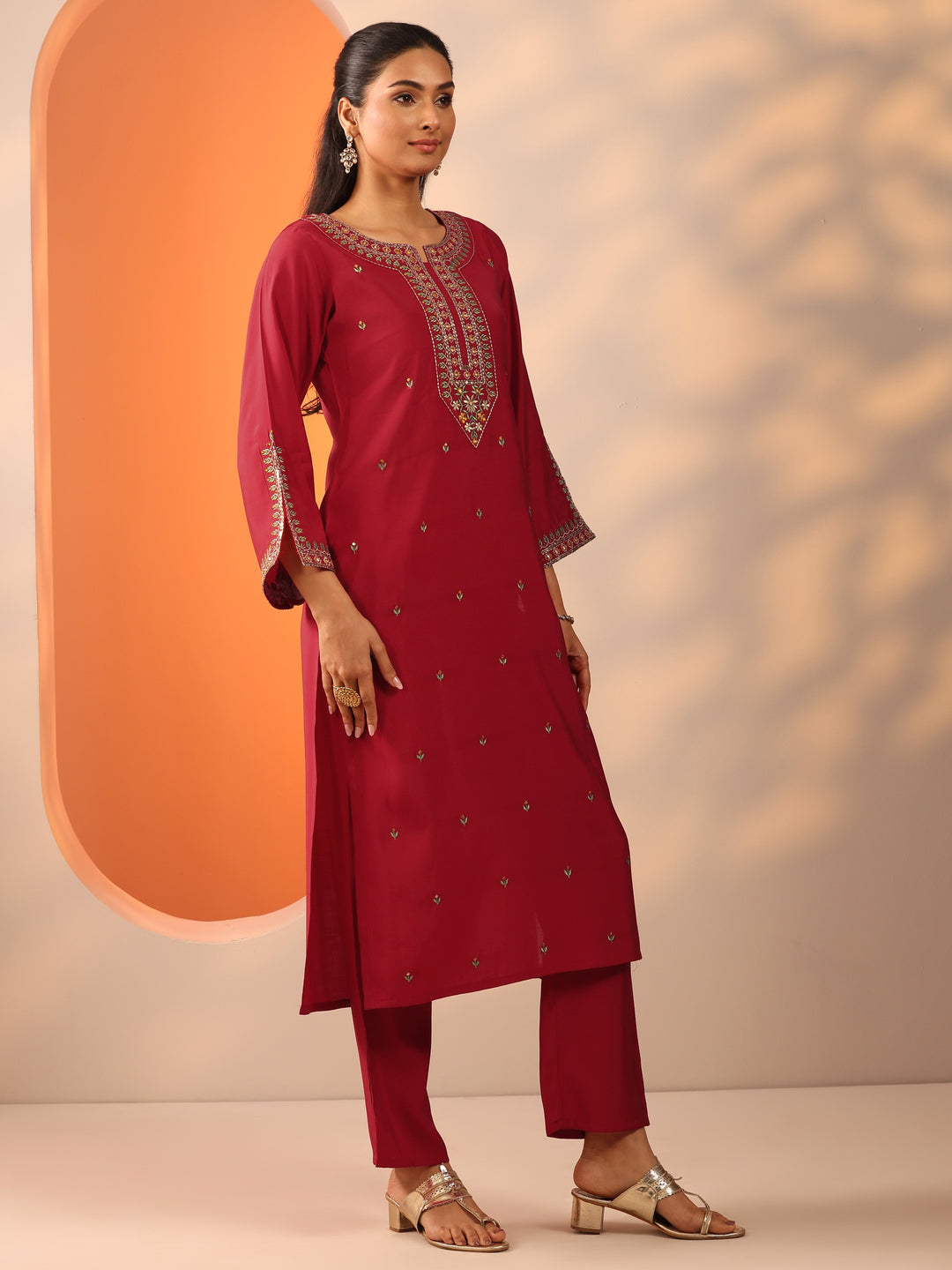  Red Embroidered Rayon Straight Suit Set With Dupatta 