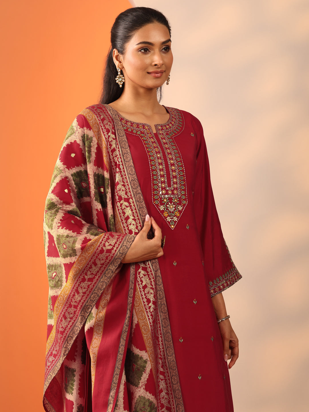  Red Embroidered Rayon Straight Suit Set With Dupatta 