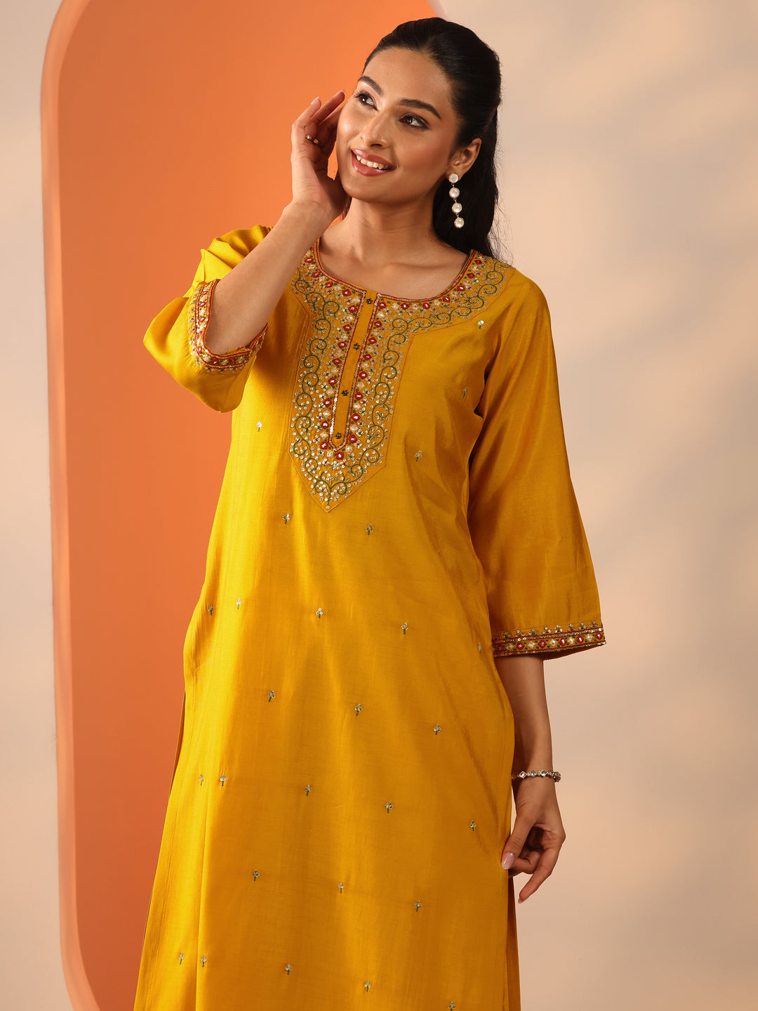  Yellow Embellished Rayon Straight Suit Set With Dupatta 