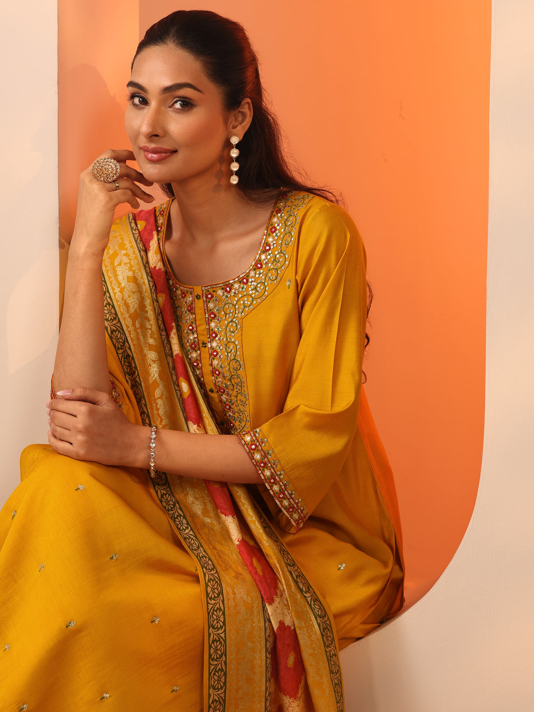  Yellow Embellished Rayon Straight Suit Set With Dupatta 