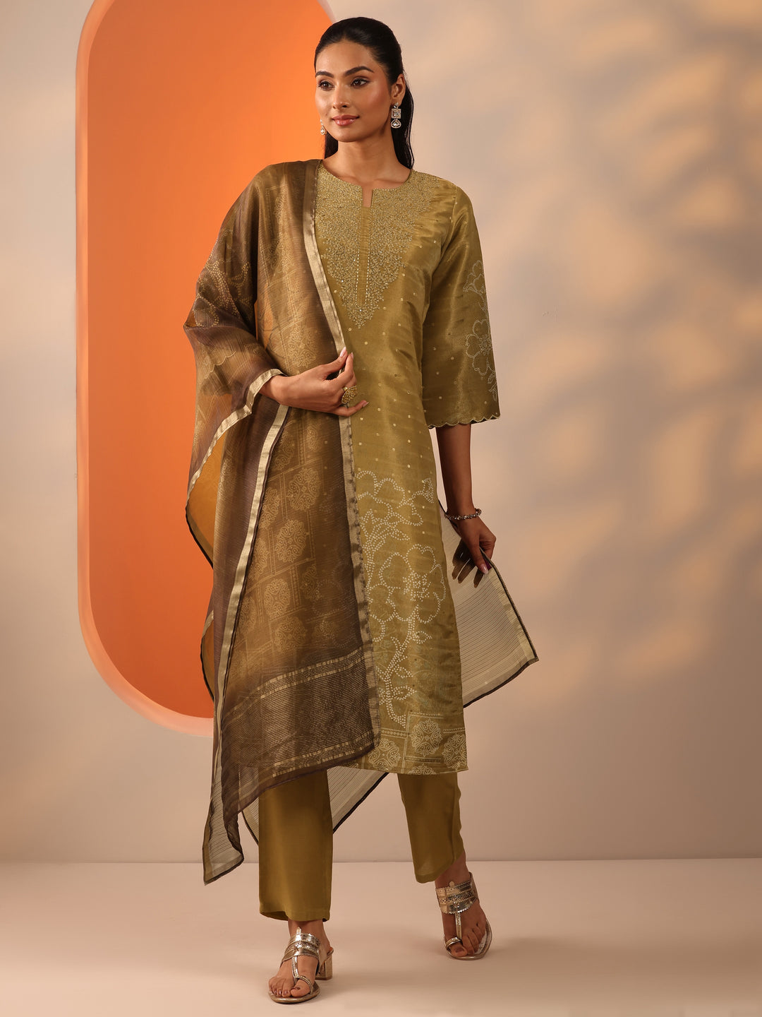  Gold Printed Silk Blend Straight Suit Set With Dupatta 