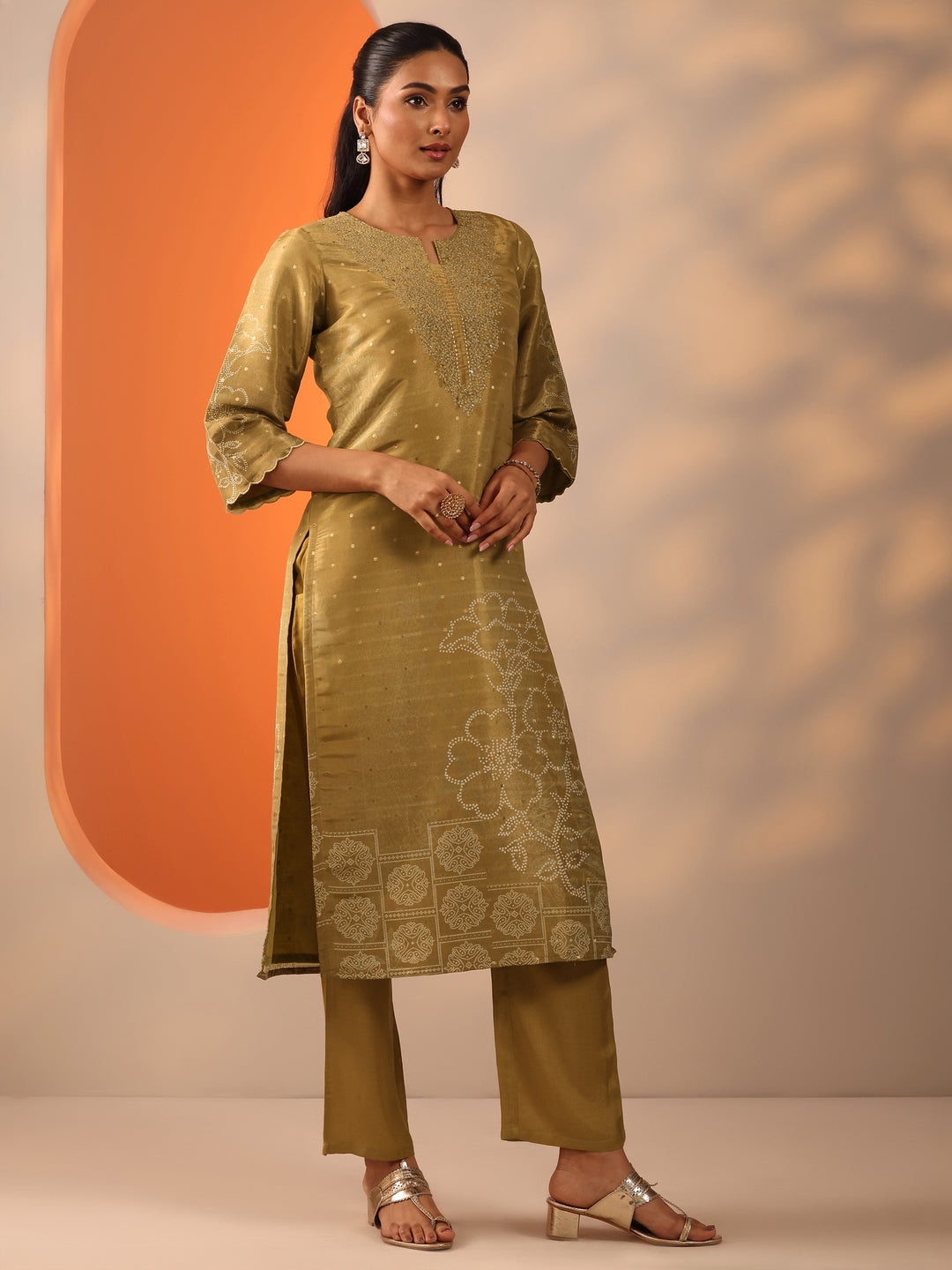  Gold Printed Silk Blend Straight Suit Set With Dupatta 