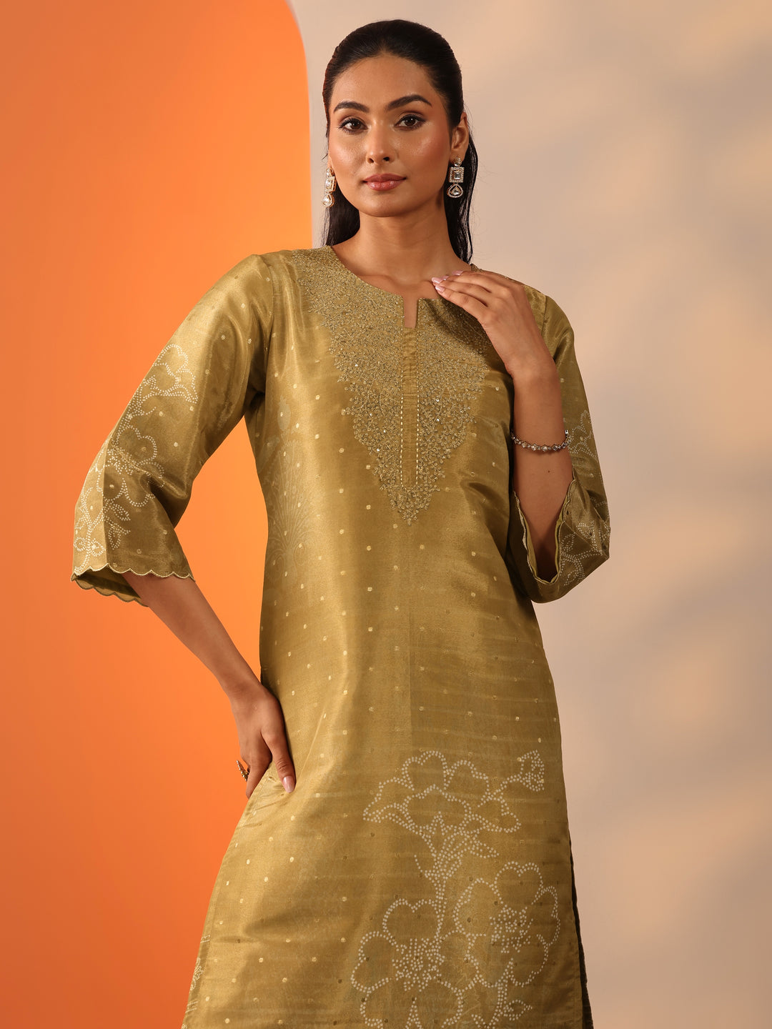  Gold Printed Silk Blend Straight Suit Set With Dupatta 