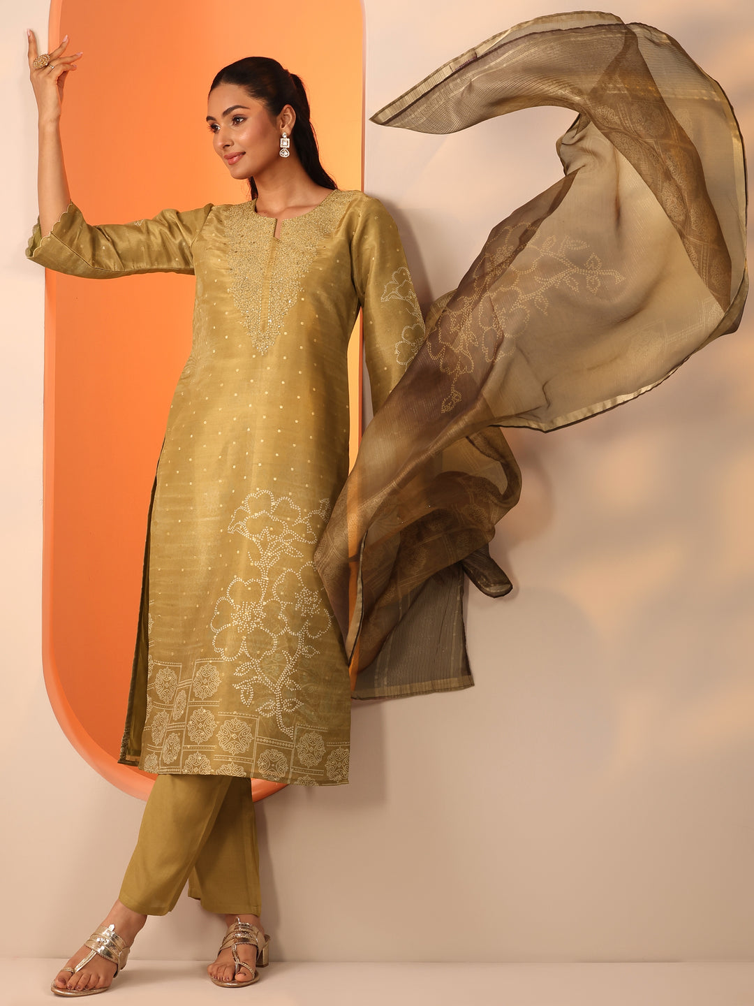  Gold Printed Silk Blend Straight Suit Set With Dupatta 