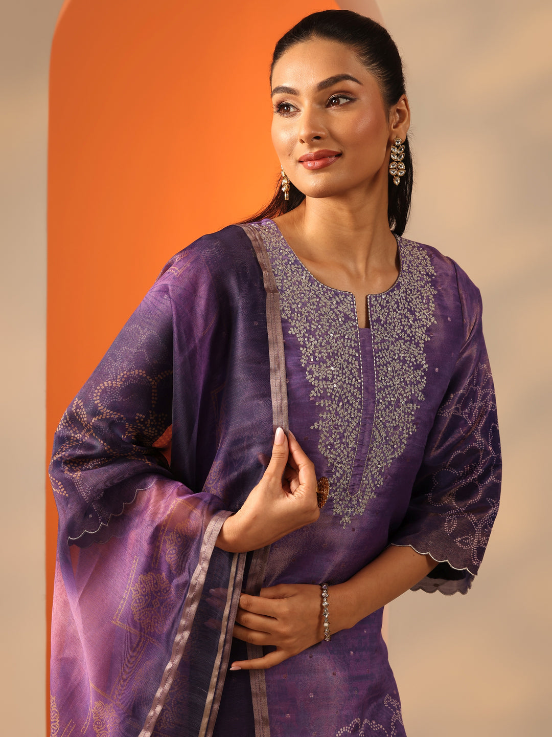  Purple Embellished Silk Blend Straight Suit Set With Dupatta 