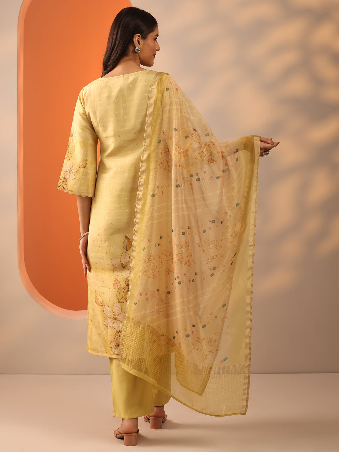  Yellow Printed Silk Blend Straight Suit Set With Dupatta 