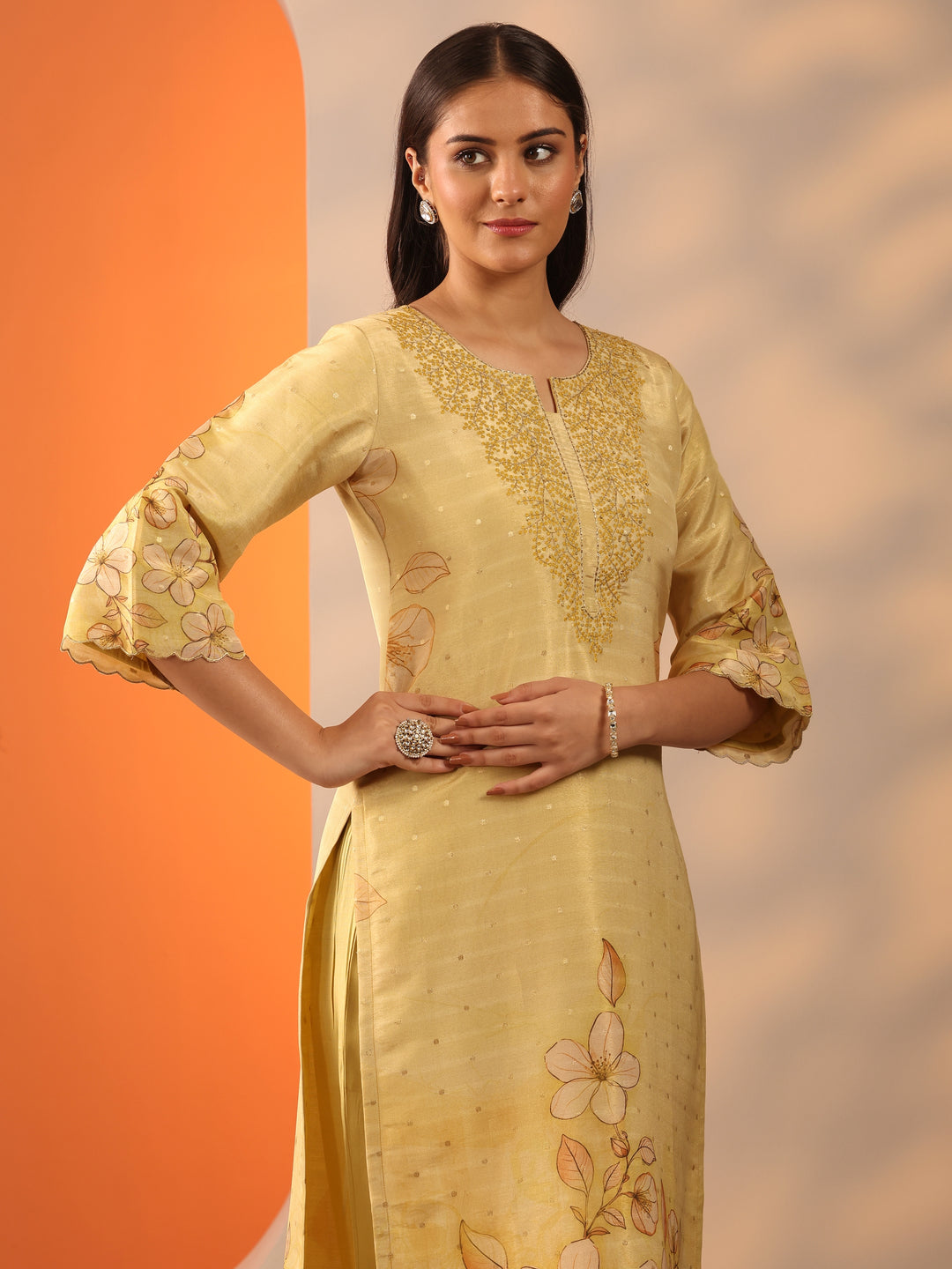  Yellow Printed Silk Blend Straight Suit Set With Dupatta 