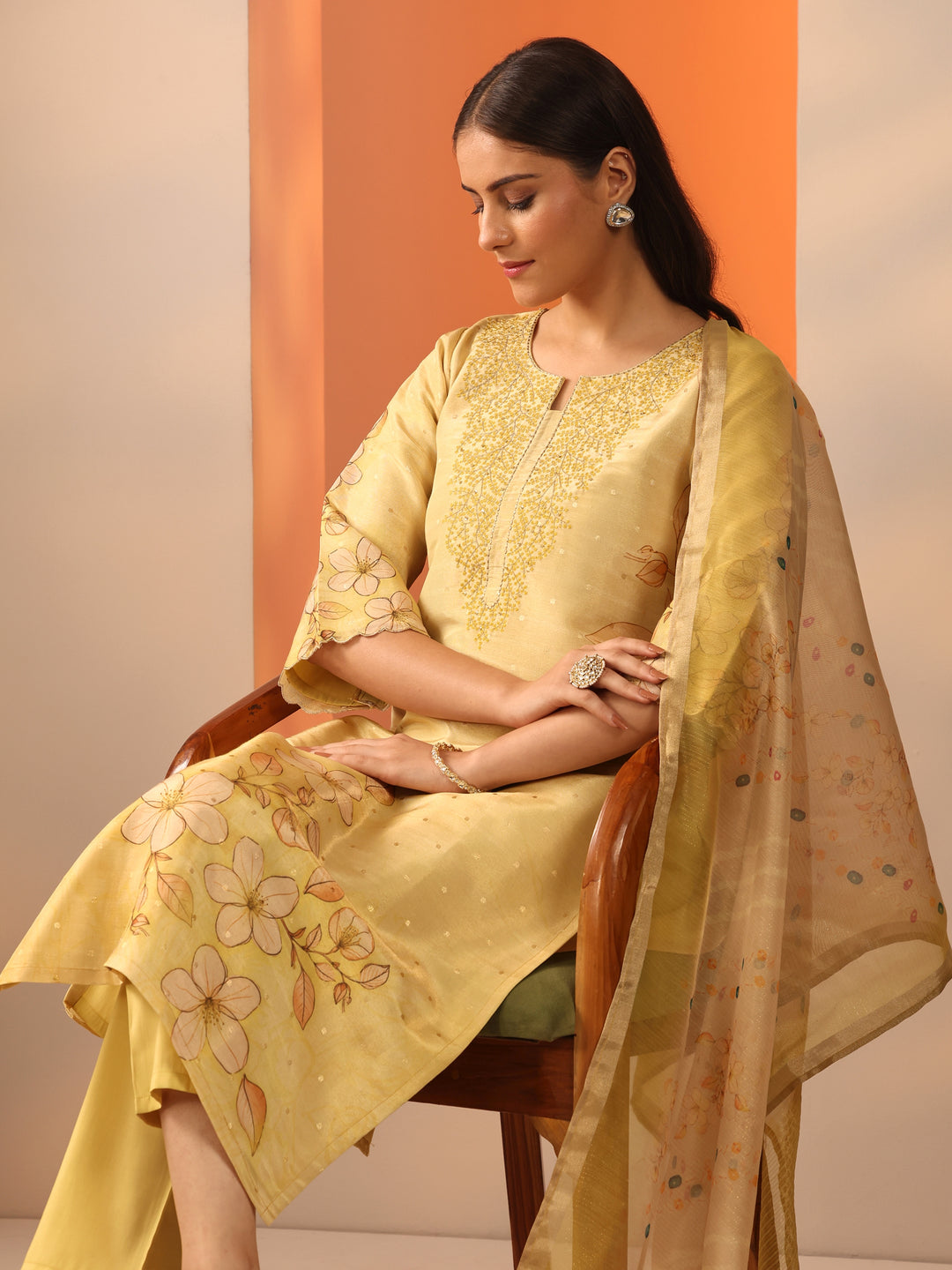  Yellow Printed Silk Blend Straight Suit Set With Dupatta 