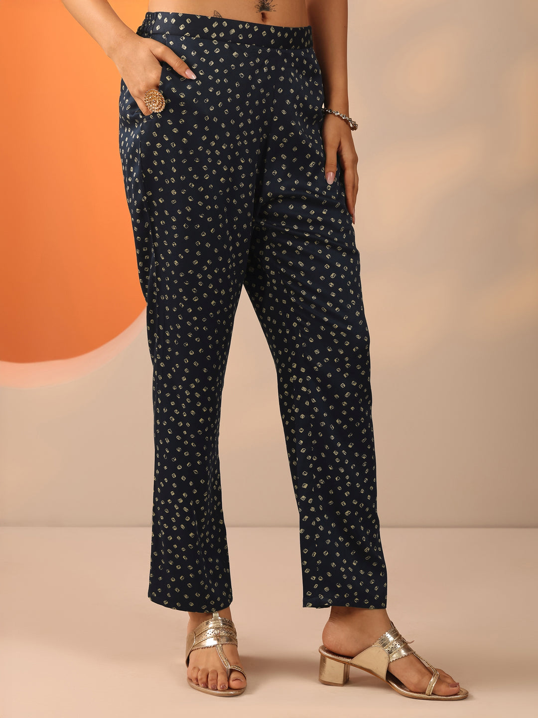  Blue Printed Silk Blend Straight Kurta Set 