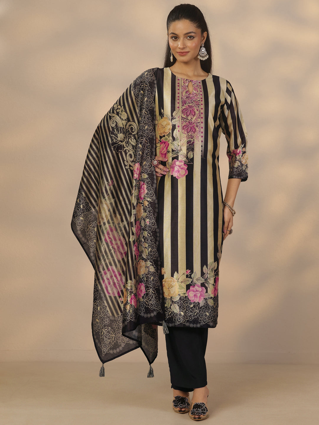  Black Printed Silk Blend Straight Suit Set With Dupatta 