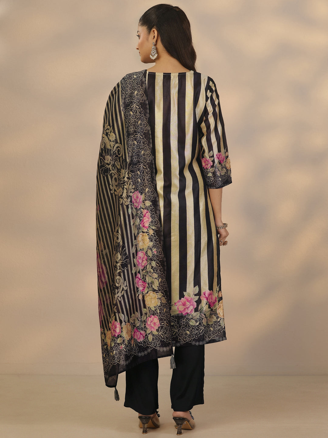  Black Printed Silk Blend Straight Suit Set With Dupatta 