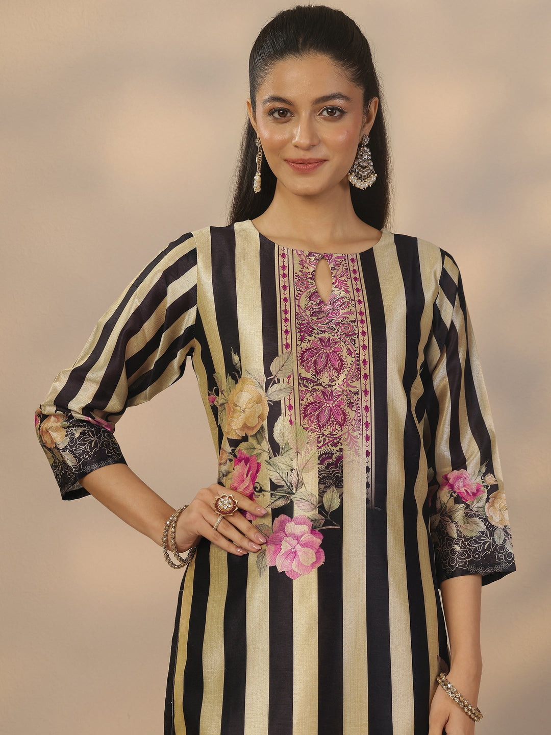  Black Printed Silk Blend Straight Suit Set With Dupatta 