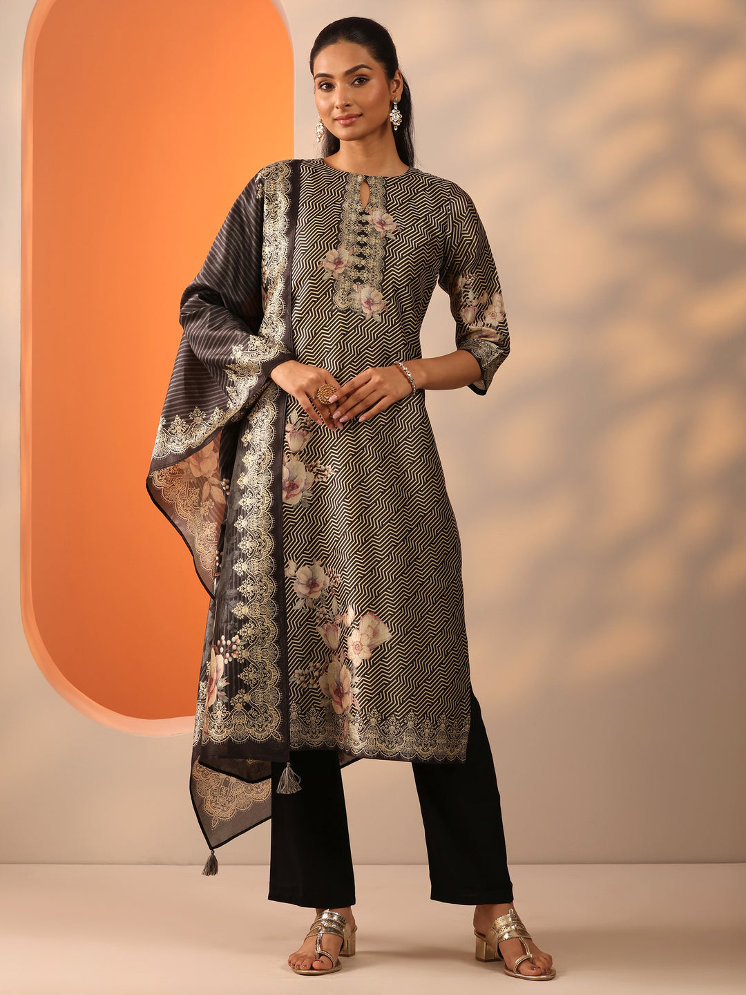 Black Printed Silk Blend Straight Suit Set With Dupatta 