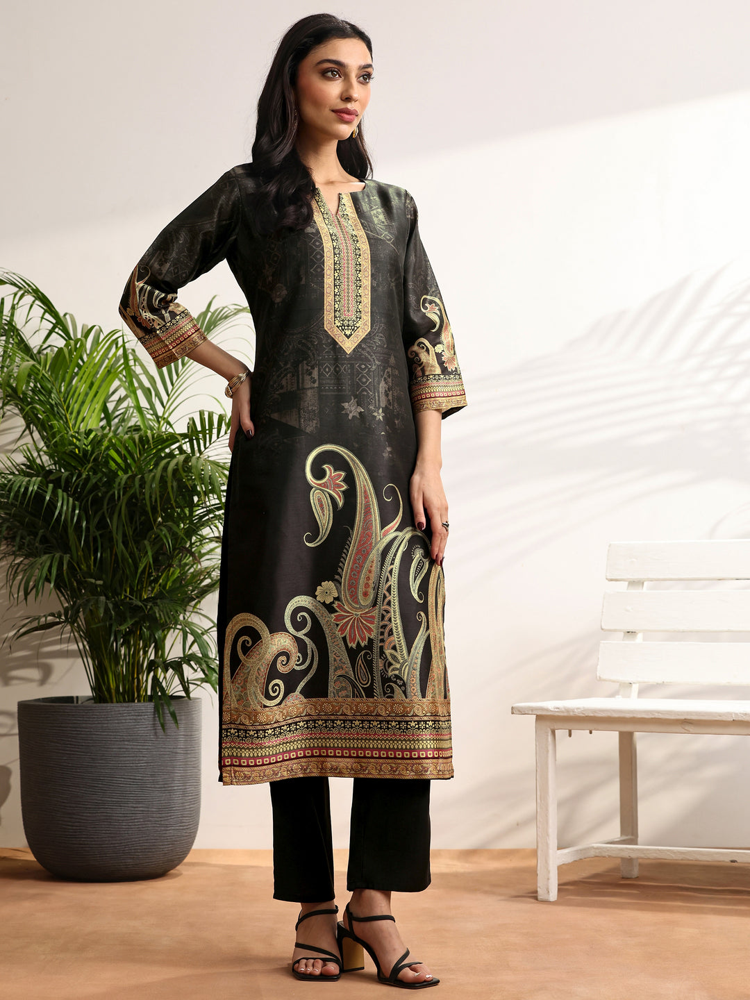  Black Printed Silk blend Straight Suit Set With Dupatta 