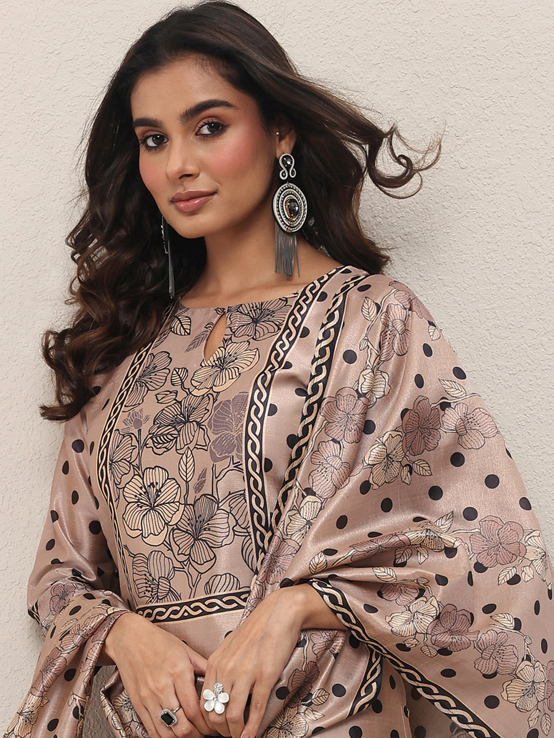  Beige Printed Silk Blend Straight Suit Set With Dupatta 