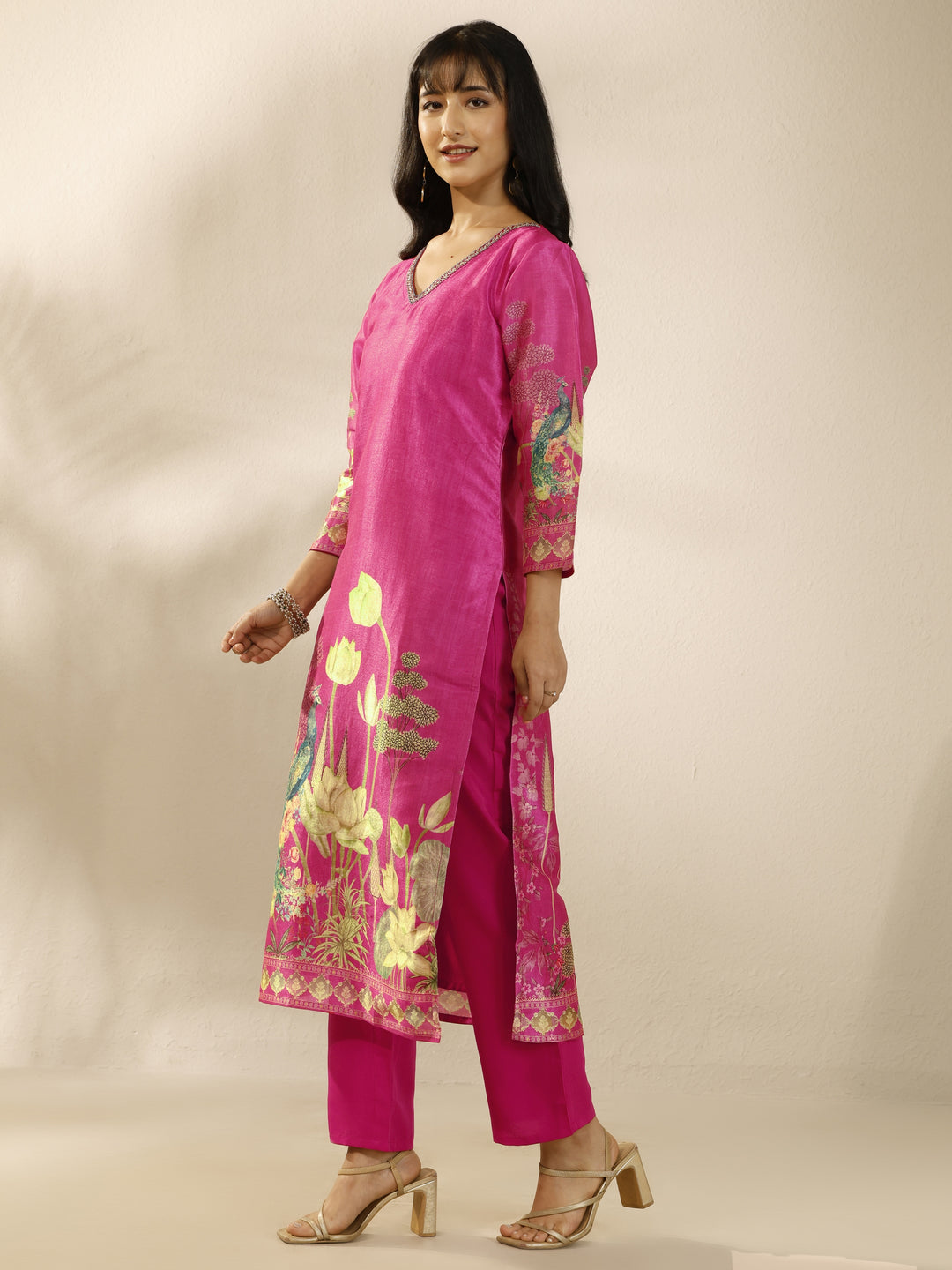  Pink Printed Silk Blend Straight Suit Set With Dupatta 