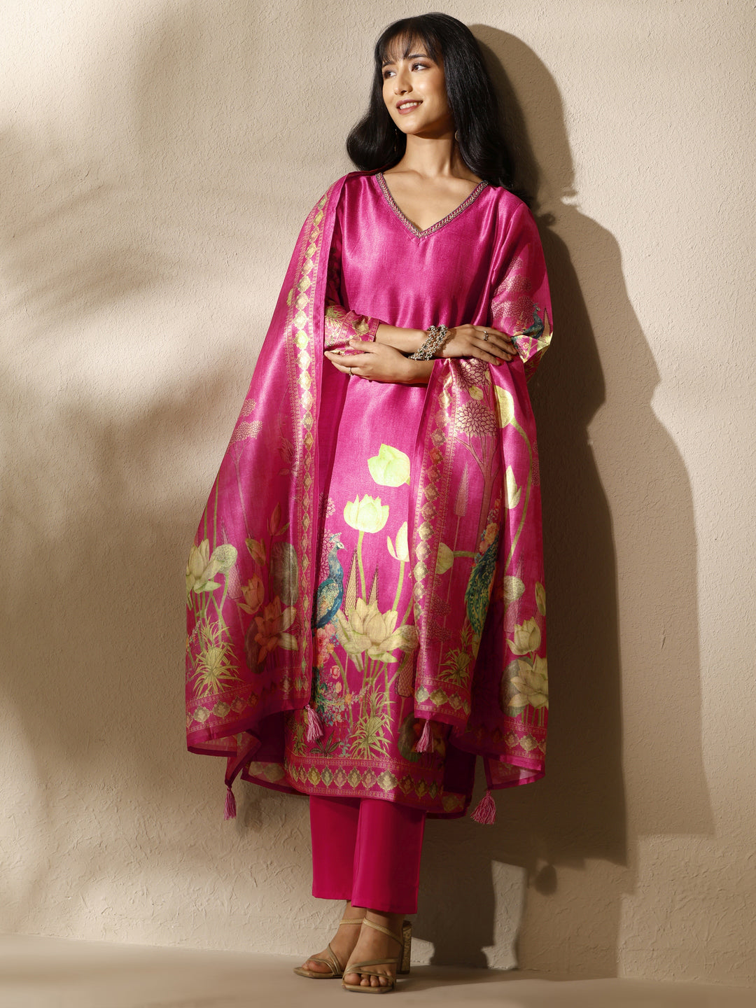  Pink Printed Silk Blend Straight Suit Set With Dupatta 