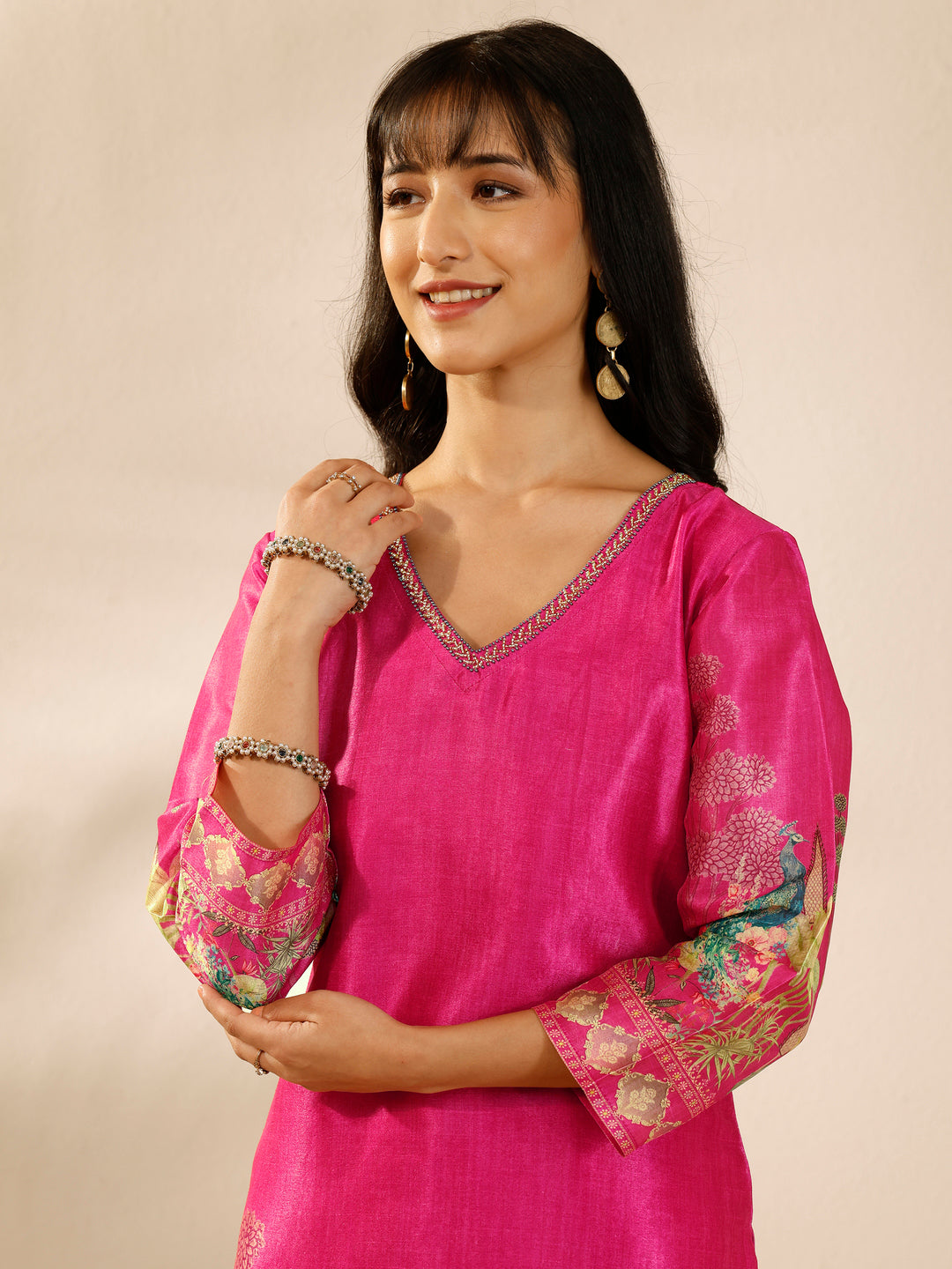  Pink Printed Silk Blend Straight Suit Set With Dupatta 