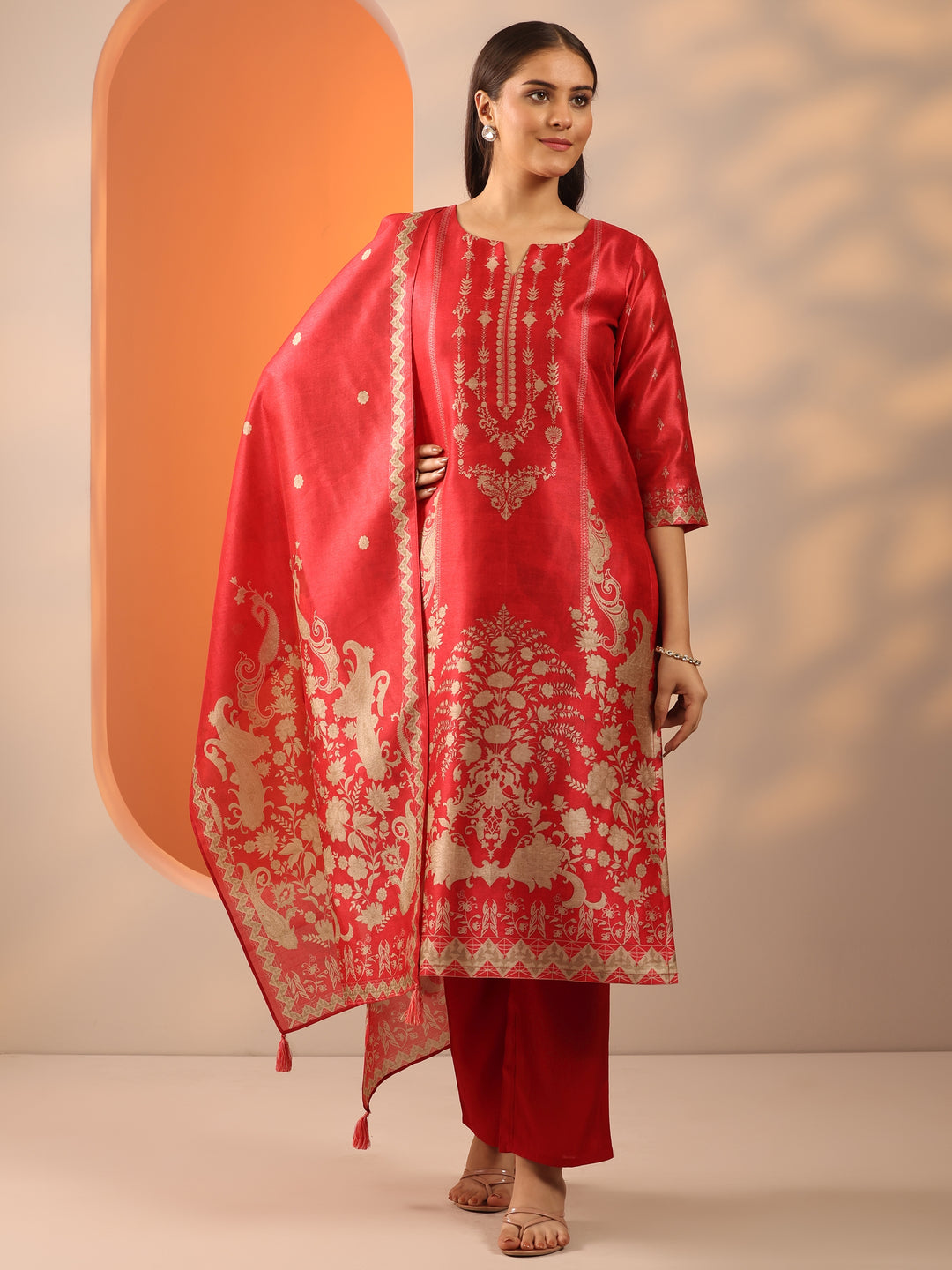  Red Printed Silk Blend Straight Suit Set With Dupatta 