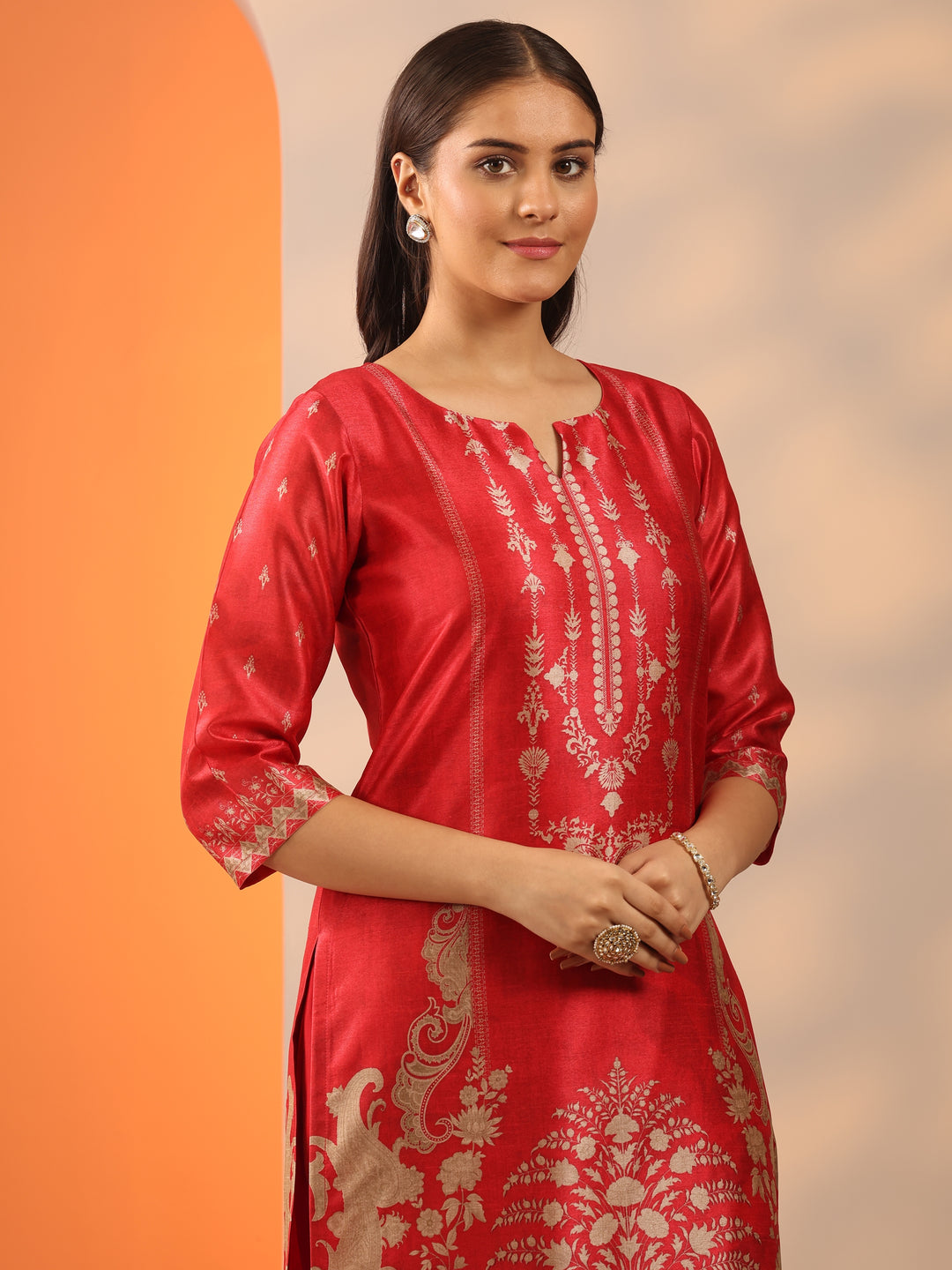  Red Printed Silk Blend Straight Suit Set With Dupatta 