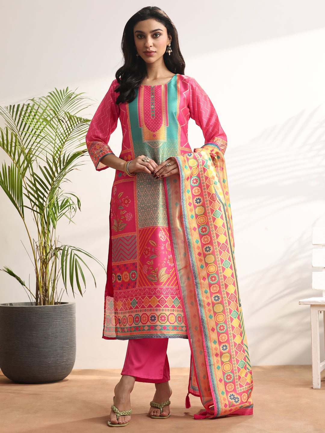  Multi Printed Silk blend Straight Suit Set With Dupatta 