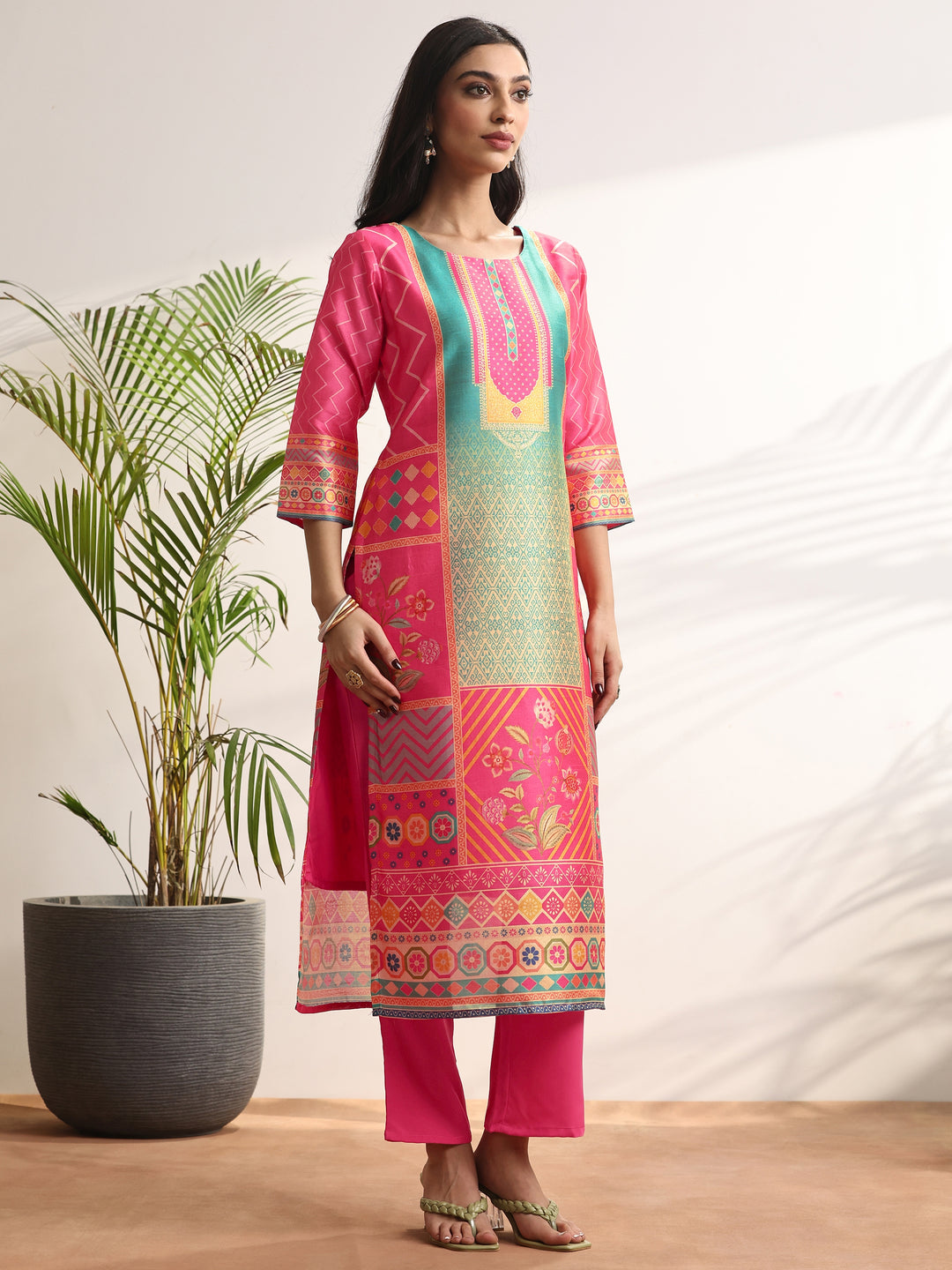  Multi Printed Silk blend Straight Suit Set With Dupatta 